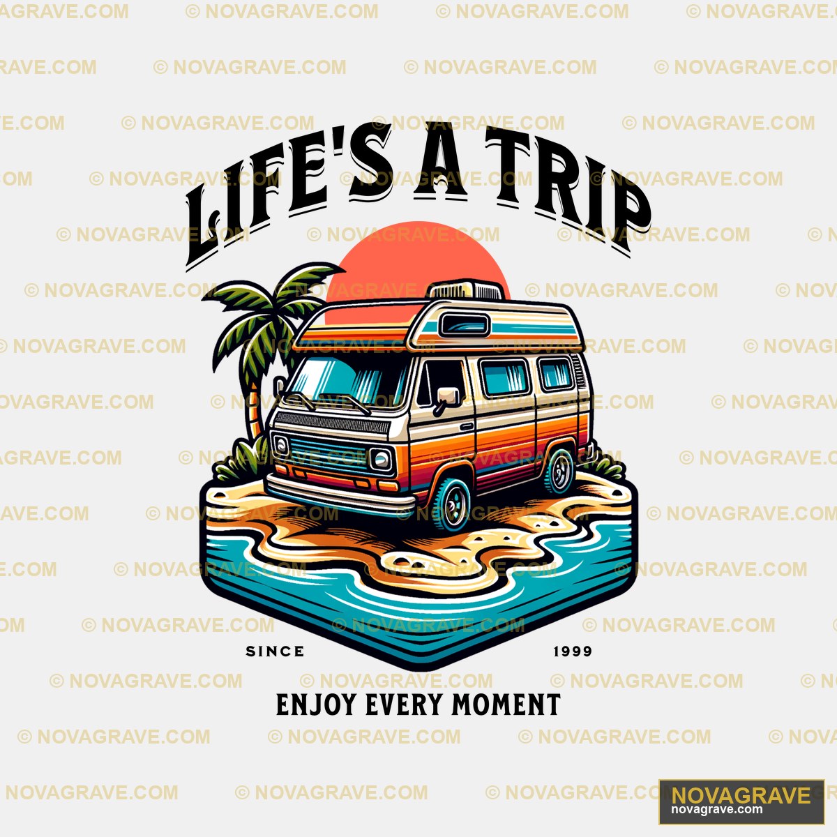 A Van Parked On The Beach With Palm Trees And Nature Botanical - DTF Transfer Design