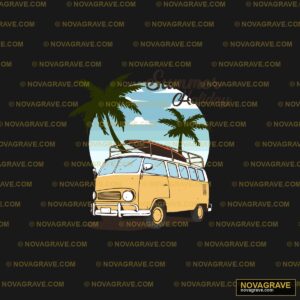A Van With A Surfboard On The Roof And Palm T Sports Fitness - DTF Ontwerp