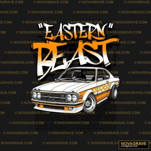 A White Car With Orange Stripes And A Star On Streetwear Urban - Design DTF