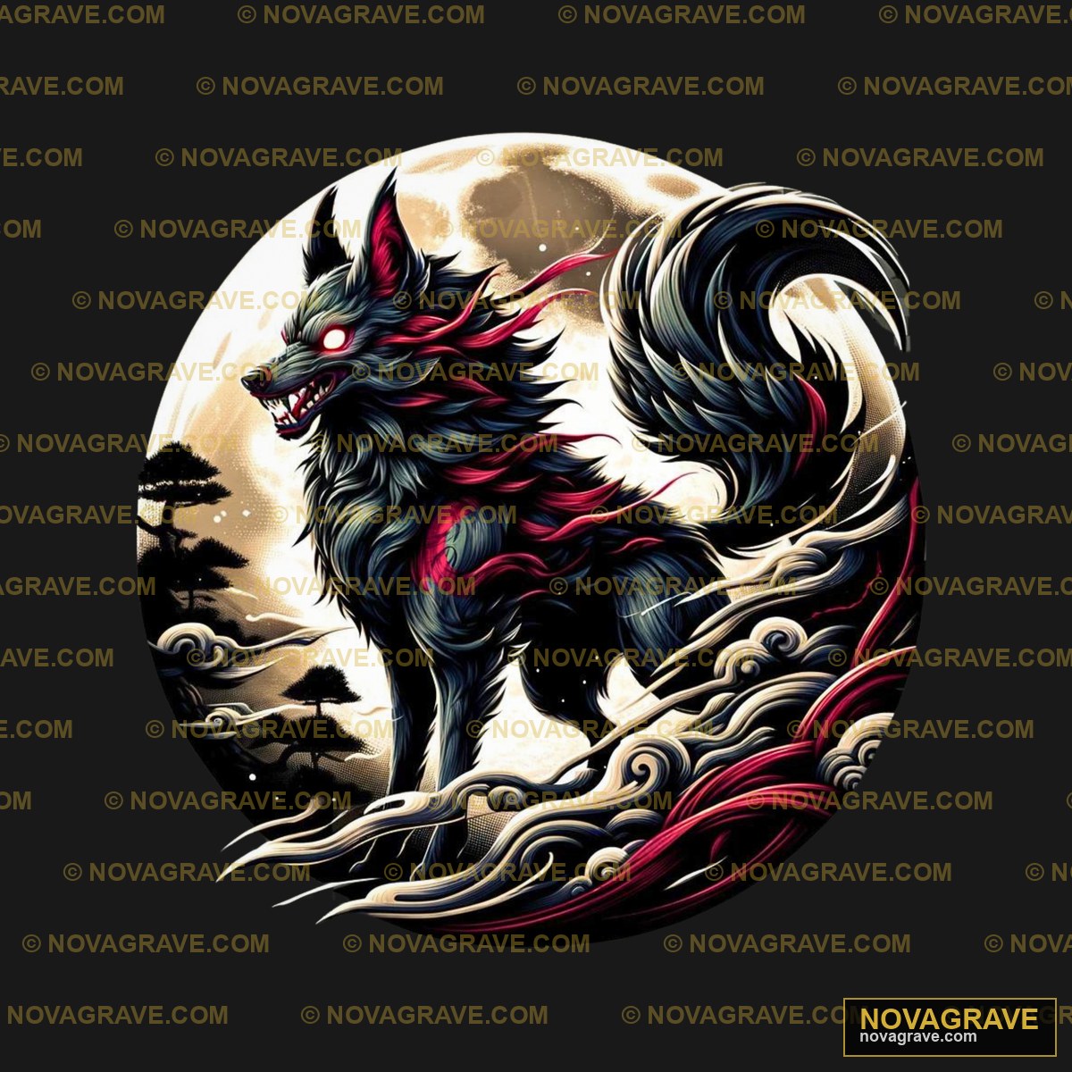 A Wolf With A Red Mane And A Full Moon In The Animals Wildlife - Design DTF