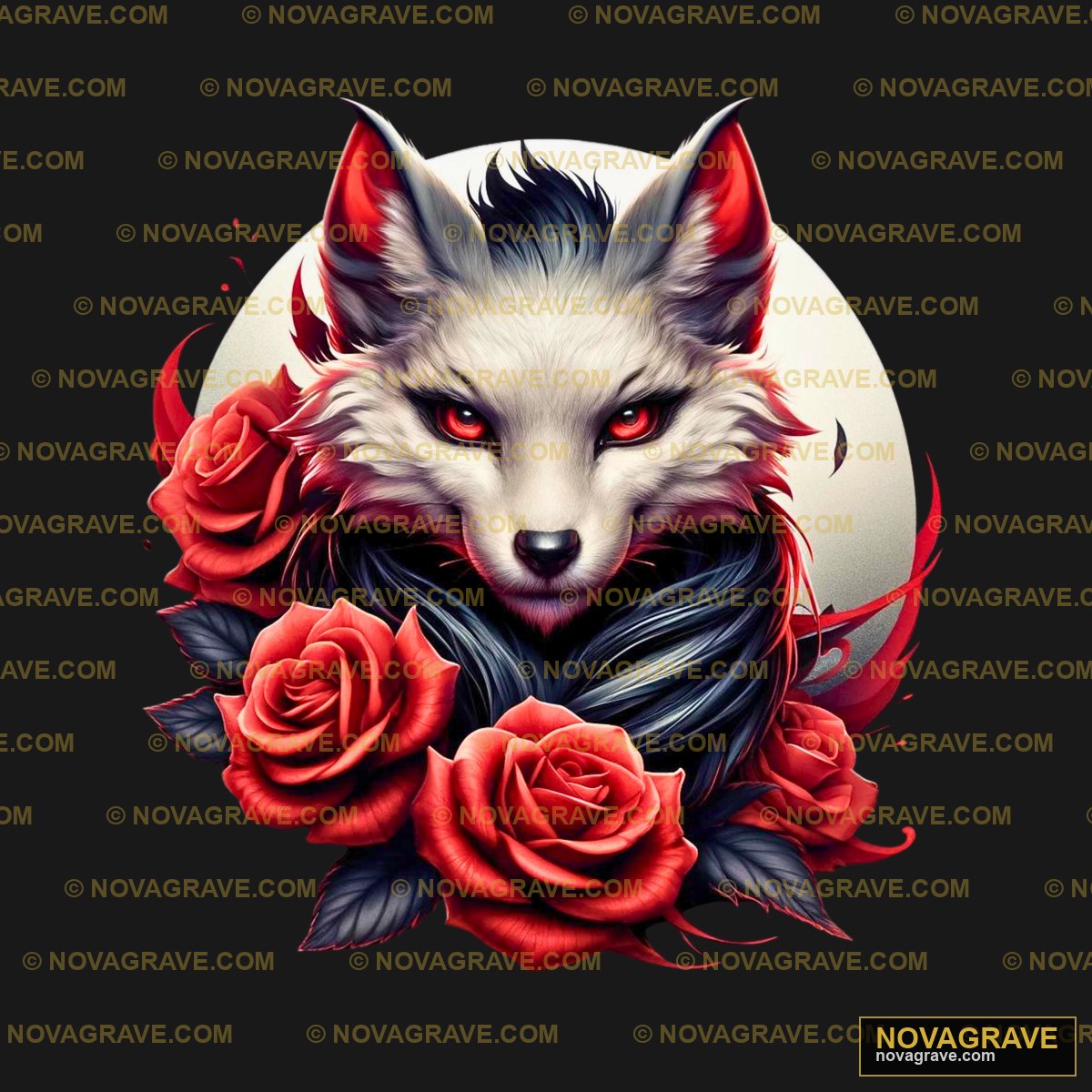 A Wolf With Roses And A Moon In The Backgroun Animals Wildlife - DTF Transfer Design