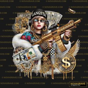 A Woman Holding A Gun And Money Other Designs - Design DTF