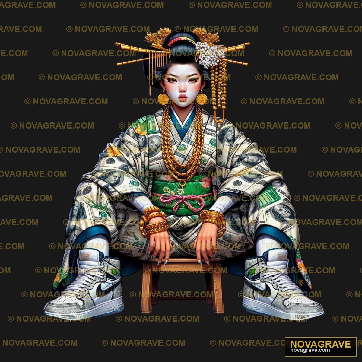 A Woman In A Kimono Costume Sitting On A Chai Other Designs - Design DTF