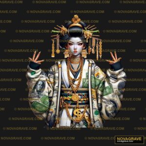 A Woman In A Kimono Costume With Money Other Designs - DTF Ontwerp