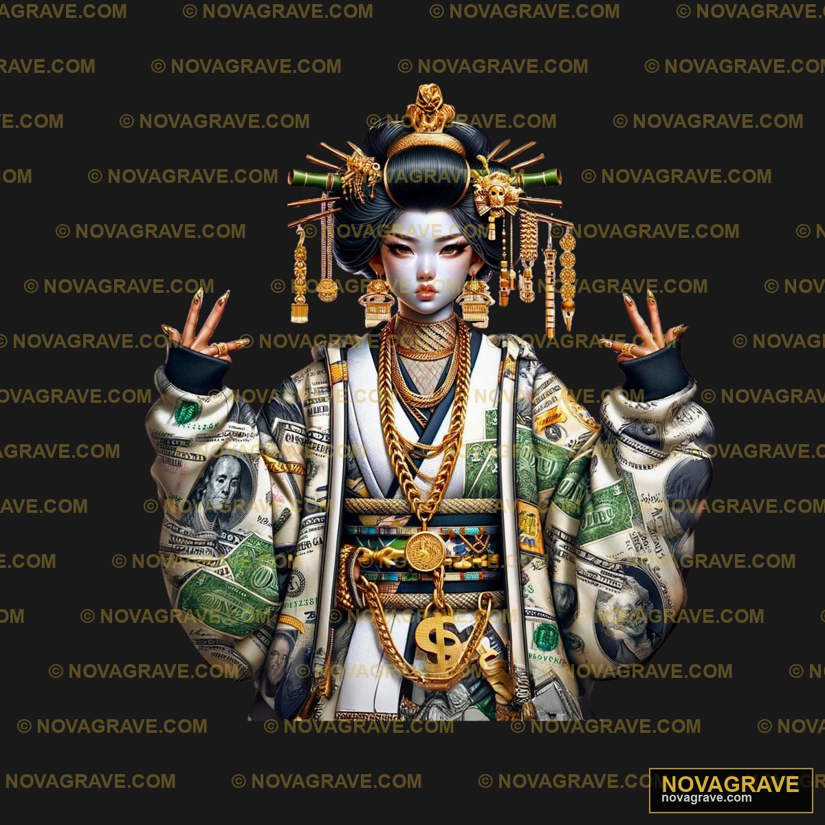 A Woman In A Kimono Costume With Money Other Designs - Design DTF