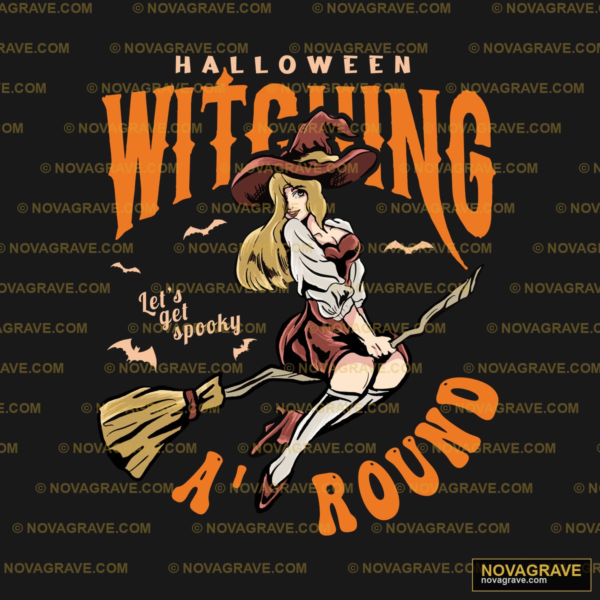 A Woman In A Witch Costume Is Flying On A Bro Other Designs - DTF Ontwerp