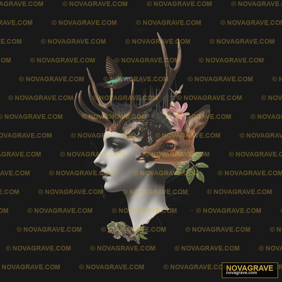 A Woman With A Deer Head And A Bird On Her He Animals Wildlife - DTF Transfer Design