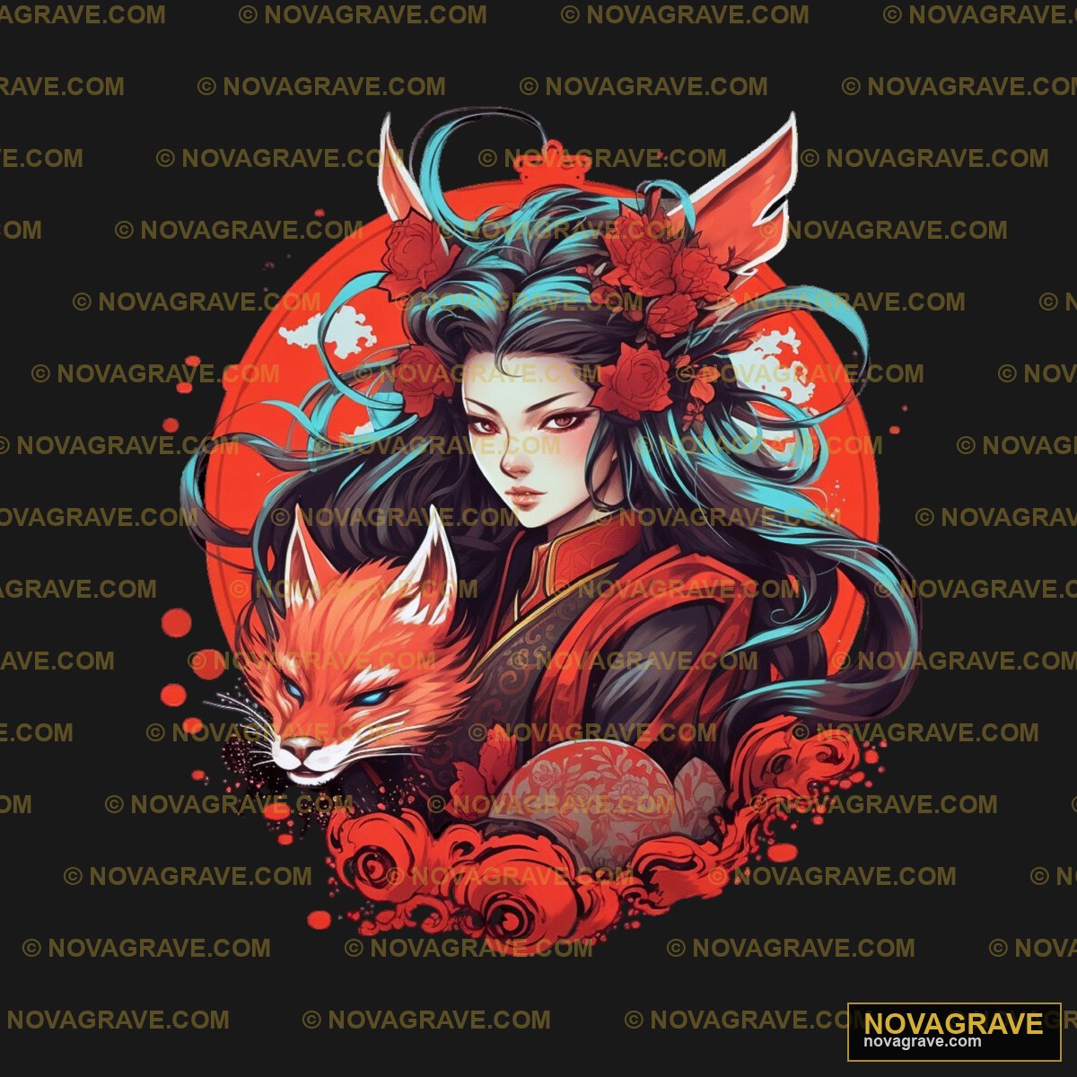 A Woman With A Fox And A Red Rose Animals Wildlife - DTF Transfer Design