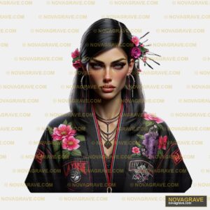A Woman With Black Hair And Pink Flowers In H Nature Botanical - DTF Transfer Design