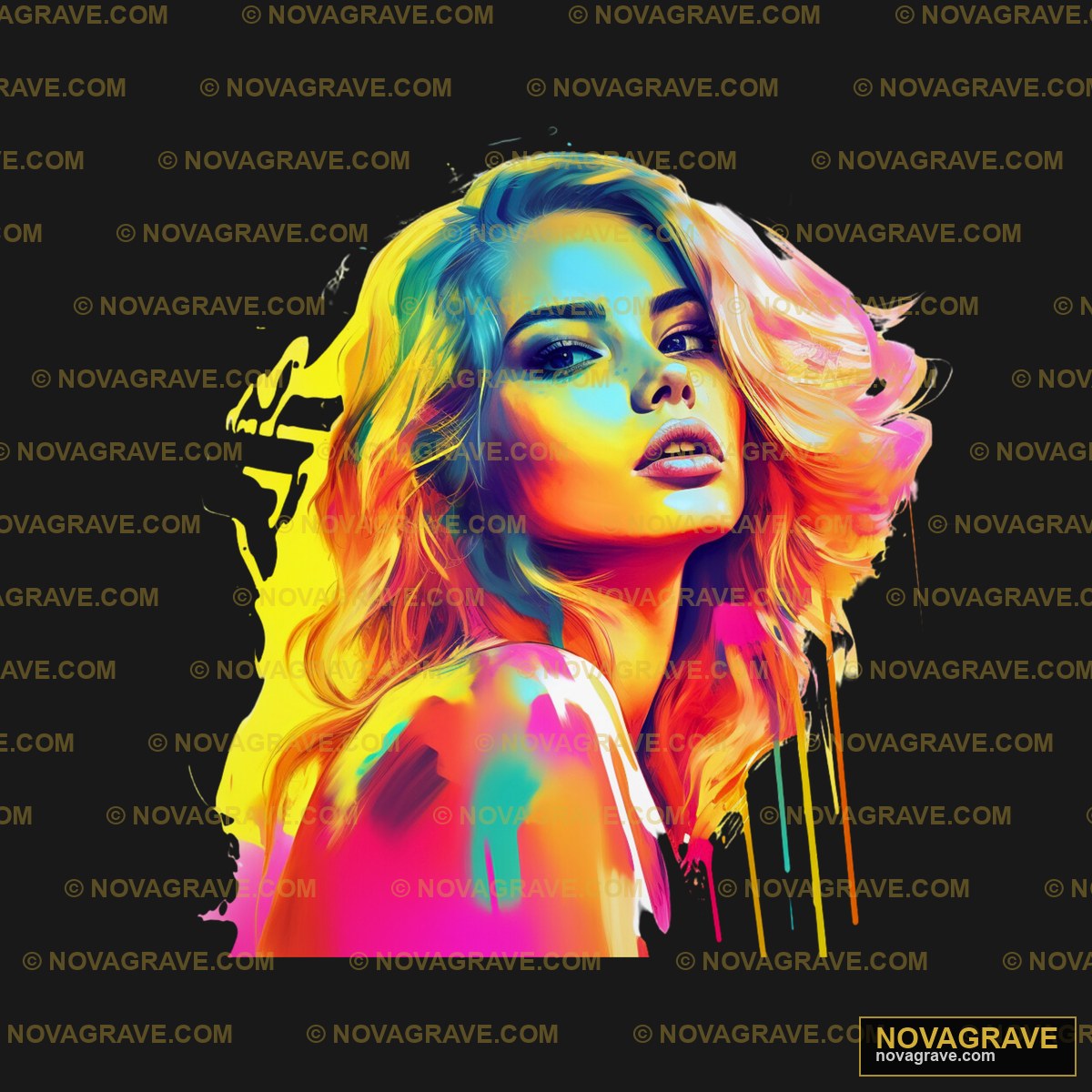 A Woman With Blonde Hair And Bright Colors Other Designs - Design DTF