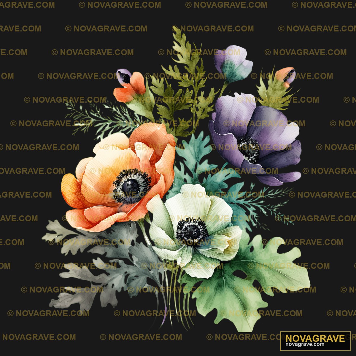 Anemone Flowers On Black Background Nature Botanical - DTF Transfer Design