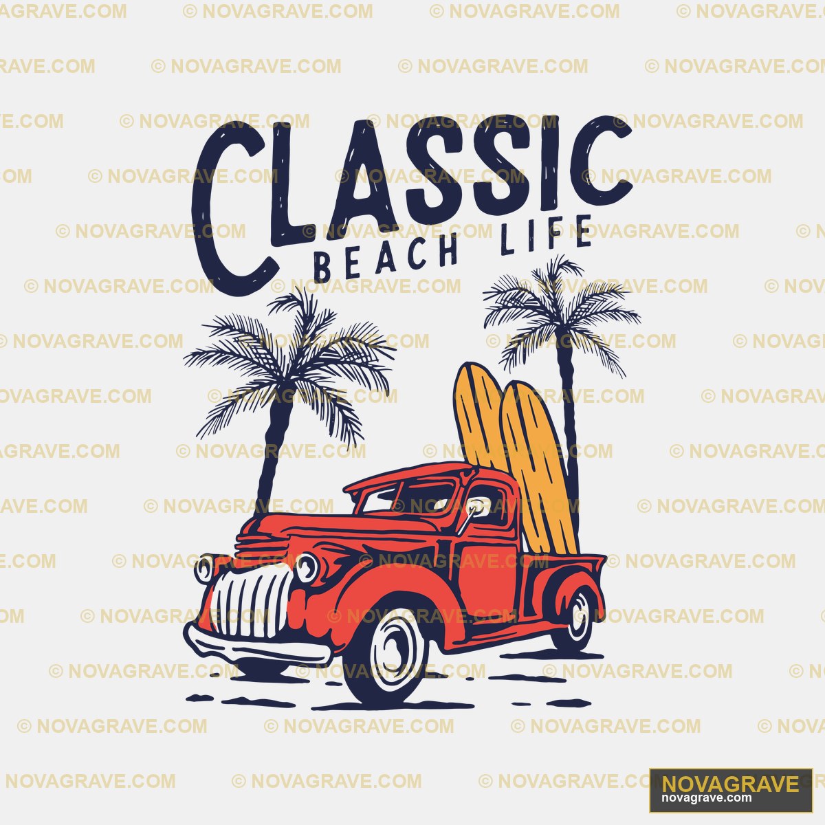 Classic Car With Surfboard And Palm Trees Vec Retro Vintage - DTF Transfer Design