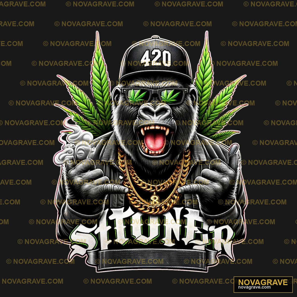 Gorilla With Marijuana Leaves And The Words N Animals Wildlife - DTF Ontwerp