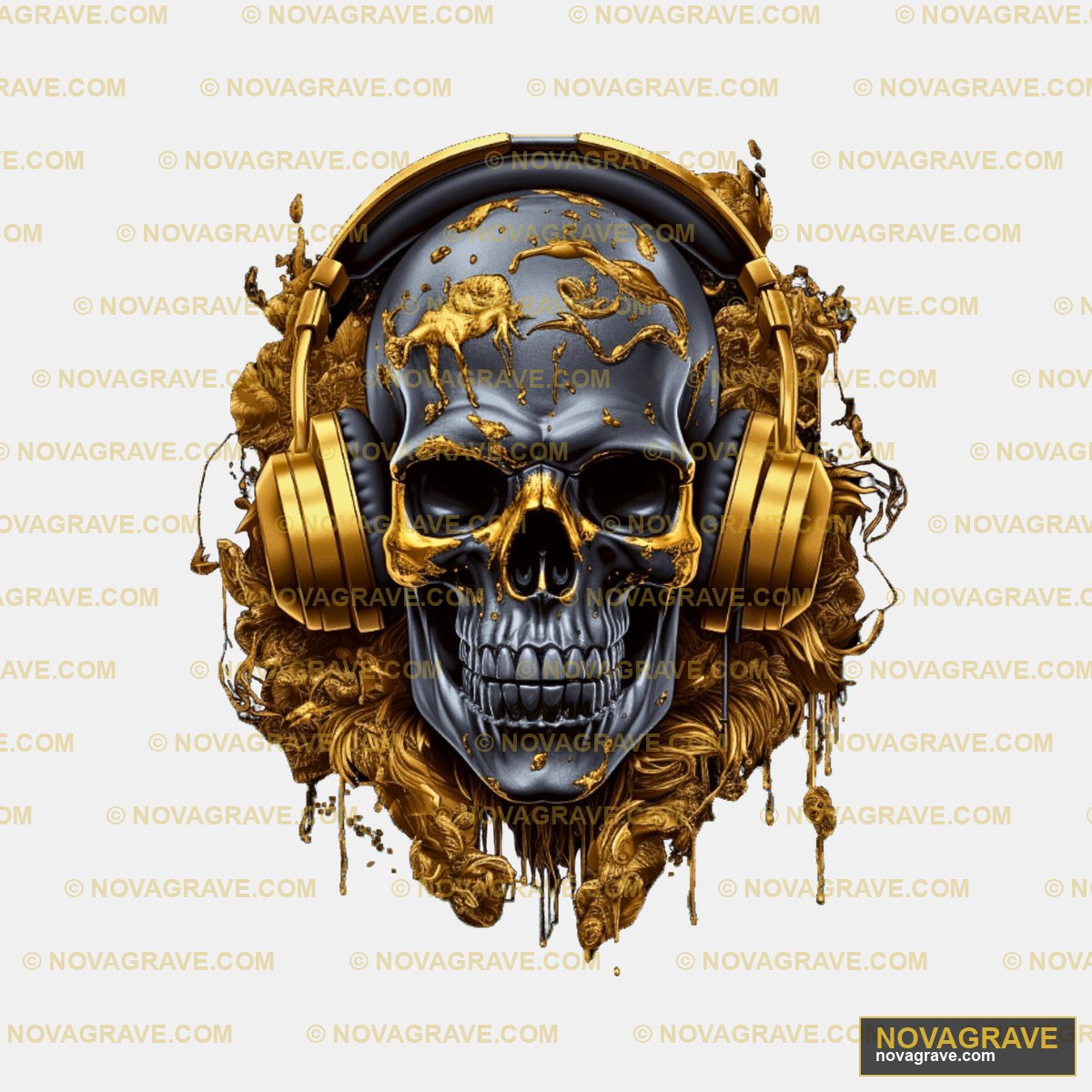 Skull With Headphones And Gold Leaves Streetwear Urban DTF Design