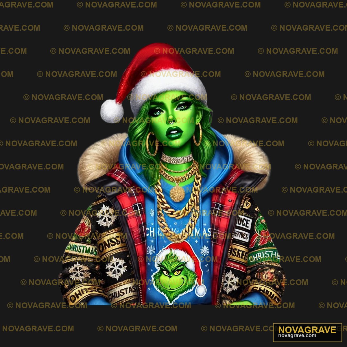 The Grin Is Wearing A Santa Hat And A Green G Seasonal Holiday - DTF Ontwerp